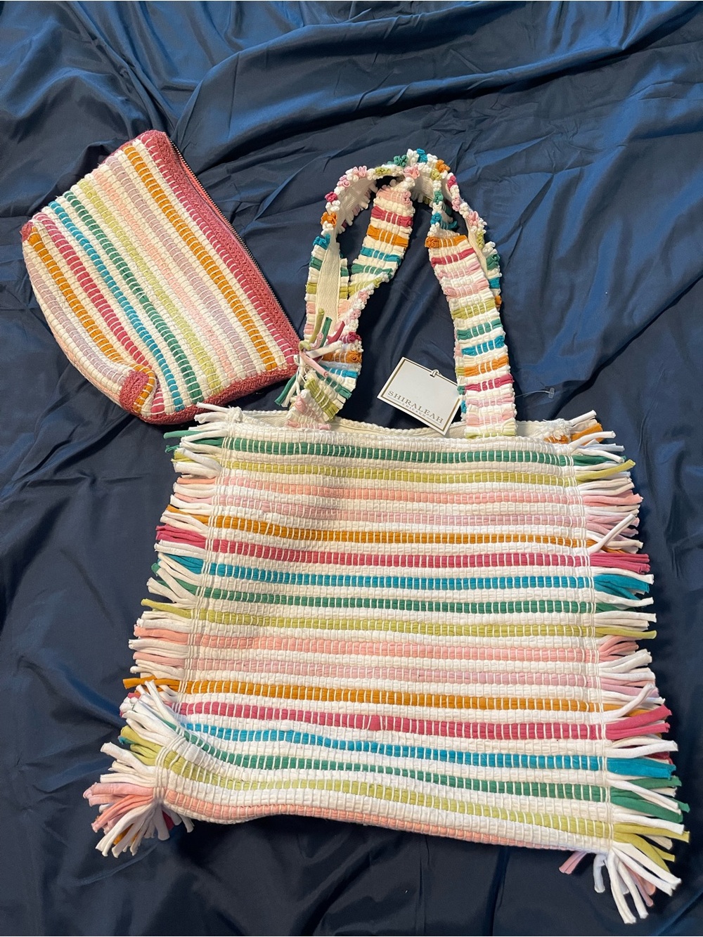 Shiraleah Multicolor Striped Fringe Tote with Matching Pouch
